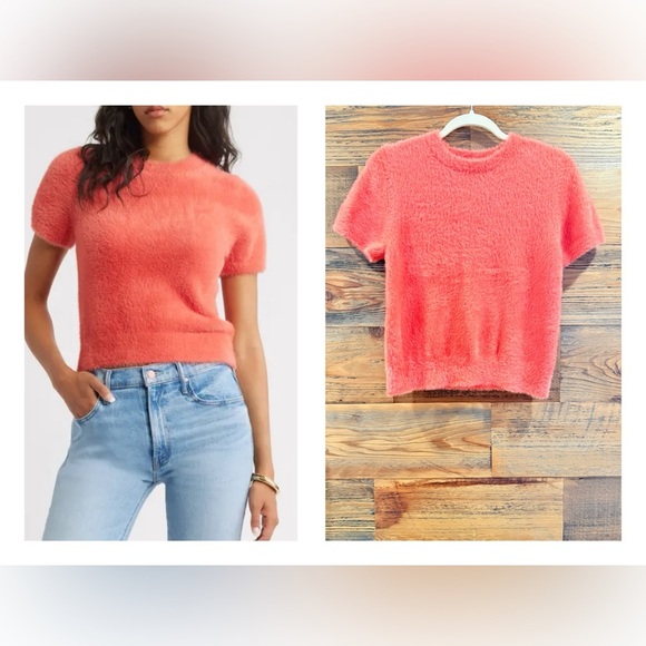 Open Edit Fuzzy Coral Short Sleeve Sweater NEW - Picture 1 of 8